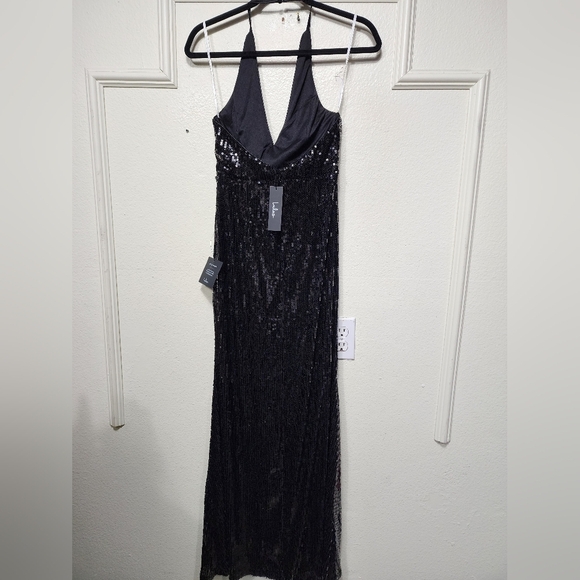 Lulus Pretty Sensational Black Sequin Rosette Halter Maxi Dress S Wedding Party - Picture 9 of 11